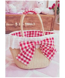Bobon21 | ギンガムリボンカゴバッグ-全１色-(かごバッグ)