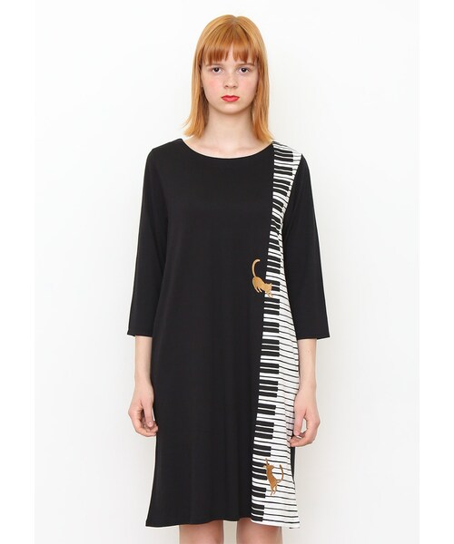 Graniph デザイン ティーシャツ ストア グラニフ の ボート ネック ミドル スリーブ ワンピース キャット オン ピアノ ワンピース ドレス Wear