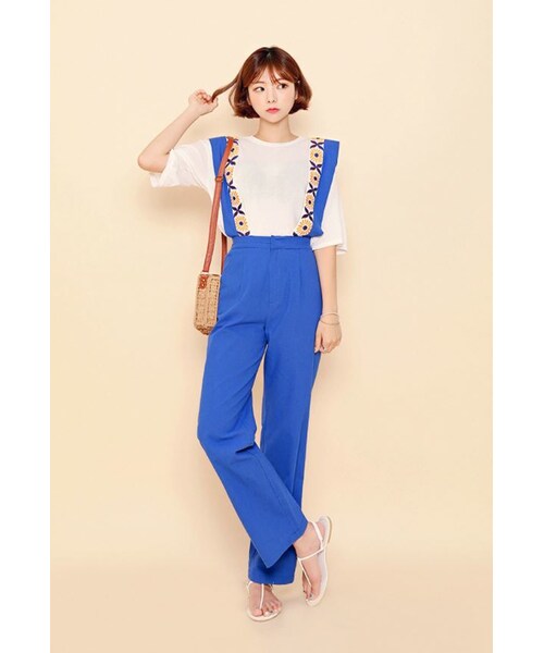 HOTPING（ホッピン）の「ハイウエストフラワー刺しゅうオールインワン（つなぎ/オールインワン・レディース・マスタード/ブルー・1(XS-S)/2(M-L)/3(L-XL)）」の2枚目の写真