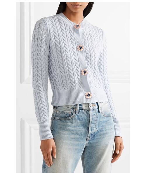 miu miu / ミュウミュウ | LANA JACQUARD CARDIGAN ビジュー カーディガン | 36 | ベージュ/グリーン | レディース Miu Miu Wool Cardigan | Saks Fifth Avenue