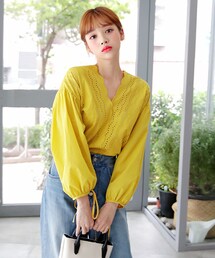 DHOLIC | スカラップVネックパンチングレースブラウス(シャツ/ブラウス)