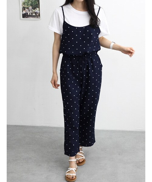 bodurine(ボドゥリネ)の「リボンドットオールインワン(つなぎ/オールインワン・レディース・ブルー/ブラック・FREE)」の1枚目の写真