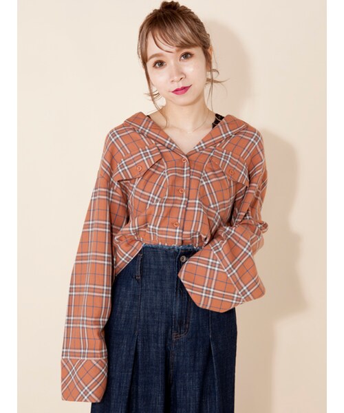 w closet（ダブルクローゼット）の「チェック開襟シャツ（トップス・レディース・オレンジ/ホワイト×ブラック・FREE）」の3枚目の写真