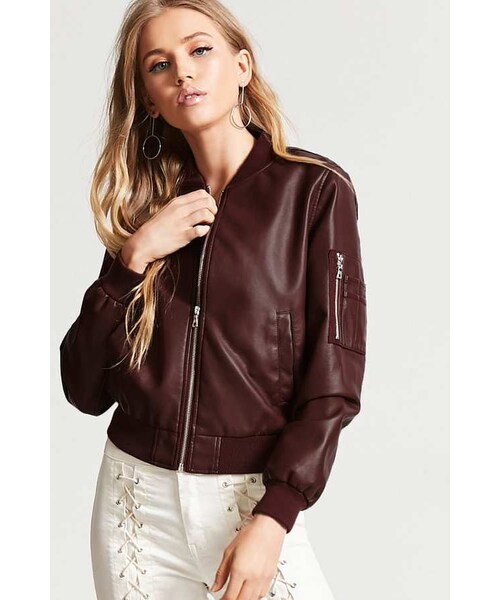 FOREVER 21(フォーエバー トゥエンティーワン)の「FOREVER 21 Faux Leather Bomber Jacket(ライダースジャケット・レディース・Black/Brown/Purple・Small/Medium/Large)」の2枚目の写真