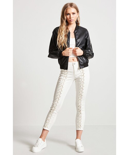 FOREVER 21(フォーエバー トゥエンティーワン)の「FOREVER 21 Faux Leather Bomber Jacket(ライダースジャケット・レディース・Black/Brown/Purple・Small/Medium/Large)」の4枚目の写真