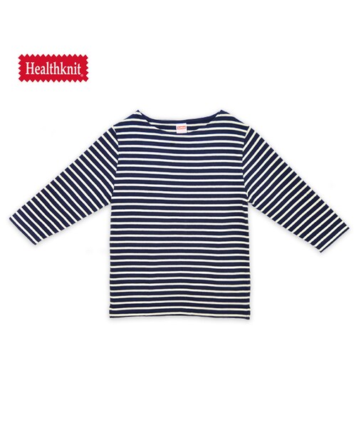 flower（フラワー）の「Healthknit border top ～ﾍﾙｽﾆｯﾄﾎﾞｰﾀﾞｰﾄｯﾌﾟ（Tシャツ/カットソー・レディース・white/navy・FREE）」の2枚目の写真
