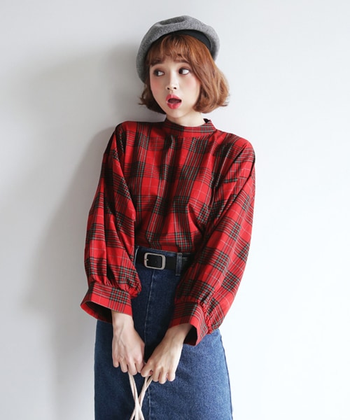 DHOLIC(ディーホリック)の「モックネックチェックパターンシャツ(シャツ/ブラウス・レディース・レッド/その他/ブラック・FREE)」の1枚目の写真