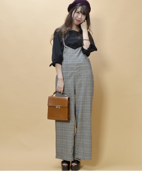 archives（アルシーヴ）の「【WEB限定】グレンチェック＆無地サロペット（サロペット/オーバーオール・レディース・ブラック/チェック・MEDIUM）」の2枚目の写真