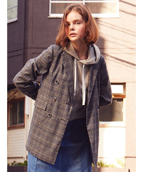 w closet（ダブルクローゼット）の「グレンチェックダブルジャケット（ジャケット/アウター・レディース・ベージュ/グレー・FREE）」の3枚目の写真