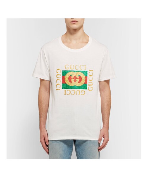 GUCCI（グッチ）の「Gucci Distressed Glittered Cotton-Jersey T-Shirt（Tシャツ/カットソー・メンズ・White・XXXL/XL/XXL/M/S/L/XS）」の5枚目の写真