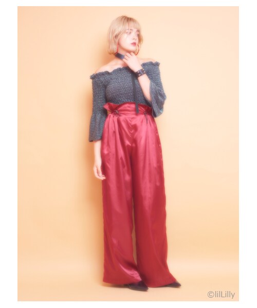 lilLilly（リルリリー）の「ウエストフリルワイドパンツ（パンツ・レディース・KAHKI/RED/BLACK・S/M）」の2枚目の写真