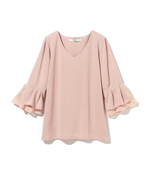 GRL（グレイル）の「Vネックフレア袖ポンチトップス（Tシャツ/カットソー・レディース・レッド/オフホワイト/ブルー/ピンク/ネイビー・M）」の4枚目の写真