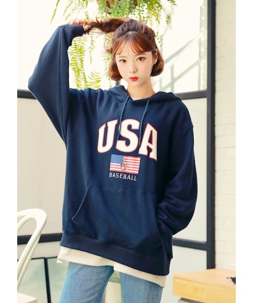 HOTPING(ホッピン)の「USAロゴフードプルオーバー(*起毛なしVer.)(その他トップス・レディース・ネイビー/グレー/ホワイト・1(フリーサイズ)/2(L-XXL))」の1枚目の写真