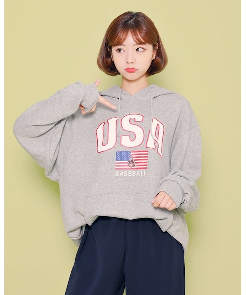 HOTPING(ホッピン)の「USAロゴフードプルオーバー(*起毛なしVer.)(その他トップス・レディース・ネイビー/グレー/ホワイト・1(フリーサイズ)/2(L-XXL))」の3枚目の写真