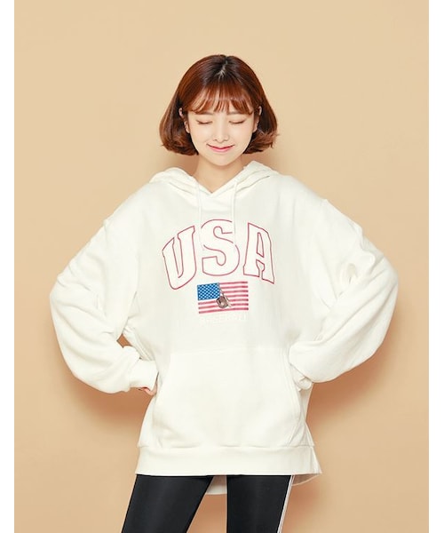HOTPING(ホッピン)の「USAロゴフードプルオーバー(*起毛なしVer.)(その他トップス・レディース・ネイビー/グレー/ホワイト・1(フリーサイズ)/2(L-XXL))」の2枚目の写真