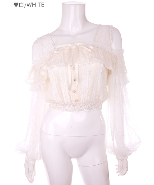 Bobon21（ボボンニジュウイチ）の「肩開きレーストップス-全２色-（Tシャツ/カットソー・レディース・レッド/ホワイト・S/M/L）」の2枚目の写真