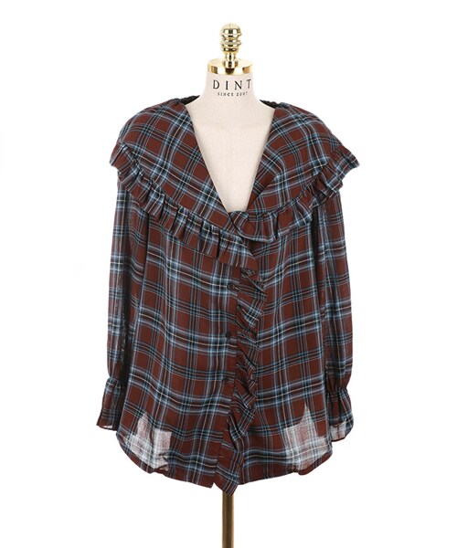 DINT（ディント）の「ダブルチェックストリングブラウス（シャツ/ブラウス・レディース・Brown・one(44~66size)）」の2枚目の写真