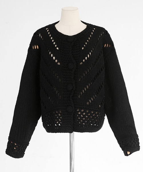 DHOLIC（ディーホリック）の「くるみボタンパンチングニットカーディガン（カーディガン/ボレロ・レディース・ブルー/ホワイト/ブラック・FREE）」の3枚目の写真