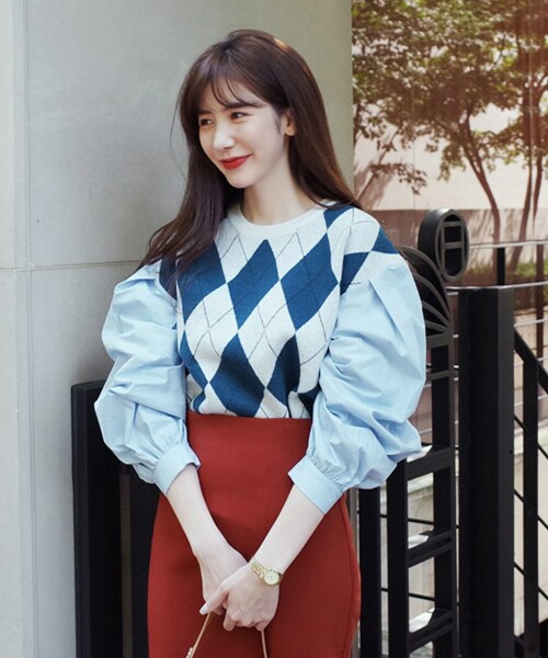 DHOLIC(ディーホリック)の「コントラストカラーアーガイルパターンブラウス(シャツ/ブラウス・レディース・ホワイト/ブルー・FREE)」の2枚目の写真