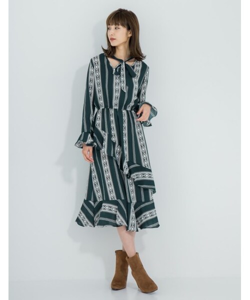 Re Edit リエディ の ボウタイリボンvネック袖フレア螺旋フリルワンピース 17秋新作 ワンピース ドレス Wear