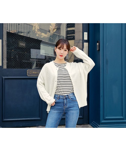 HOTPING（ホッピン）の「ベーシックラウンドネックカーディガン（カーディガン/ボレロ・レディース・ブラック/カーキ/アイボリー/ベージュ/スカイブルー/ピンク・1(フリーサイズ)/2(L-XL)）」の2枚目の写真