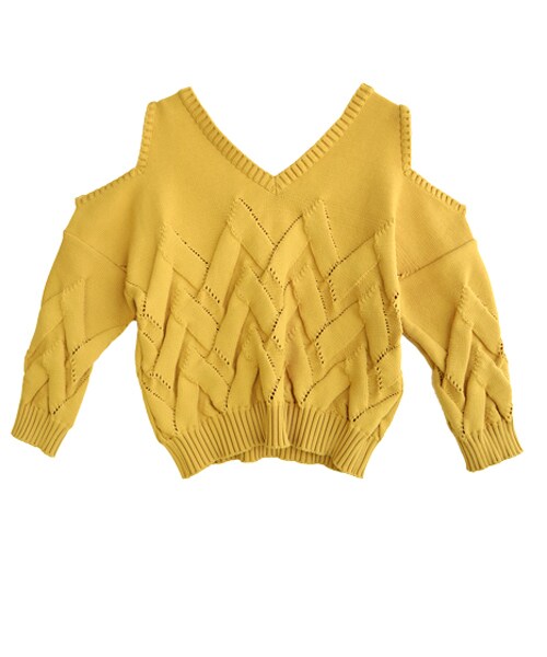 AULA(アウラ)の「AULA CABLE OPEN SHOULDER KNIT TOPS(ニット/セーター・レディース・イエロー・0)」の1枚目の写真