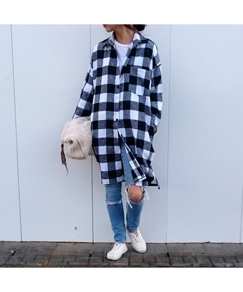 copine（コピン）の「再入荷★ビックシルエット/ロングチェックシャツ/ブラック【クリックポスト対象商品】（シャツ/ブラウス・レディース・その他）」の8枚目の写真