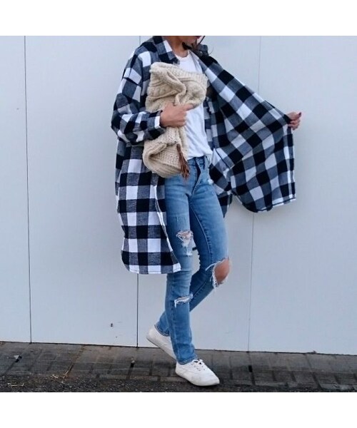 copine（コピン）の「再入荷★ビックシルエット/ロングチェックシャツ/ブラック【クリックポスト対象商品】（シャツ/ブラウス・レディース・その他）」の10枚目の写真