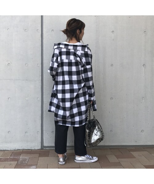 copine（コピン）の「再入荷★ビックシルエット/ロングチェックシャツ/ブラック【クリックポスト対象商品】（シャツ/ブラウス・レディース・その他）」の4枚目の写真