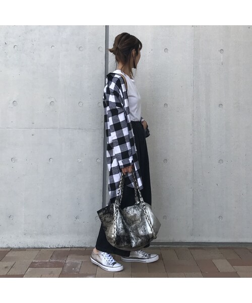 copine（コピン）の「再入荷★ビックシルエット/ロングチェックシャツ/ブラック【クリックポスト対象商品】（シャツ/ブラウス・レディース・その他）」の6枚目の写真