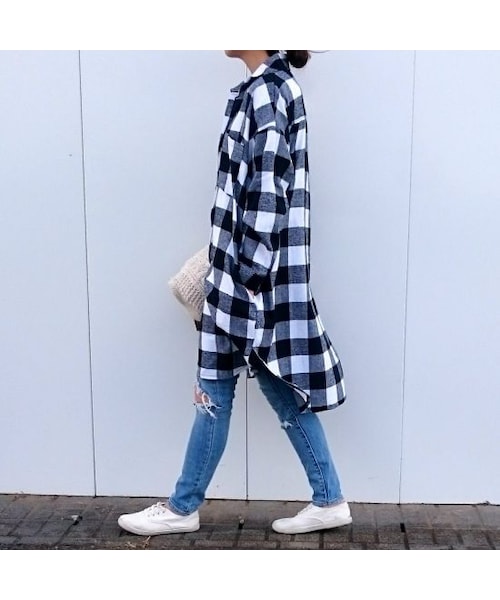 copine（コピン）の「再入荷★ビックシルエット/ロングチェックシャツ/ブラック【クリックポスト対象商品】（シャツ/ブラウス・レディース・その他）」の9枚目の写真