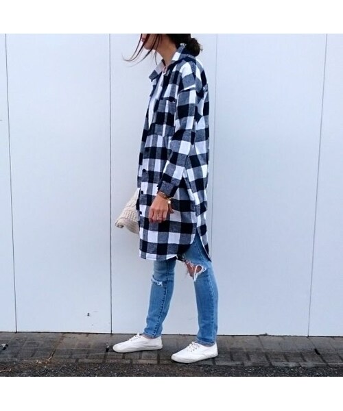 copine（コピン）の「再入荷★ビックシルエット/ロングチェックシャツ/ブラック【クリックポスト対象商品】（シャツ/ブラウス・レディース・その他）」の13枚目の写真
