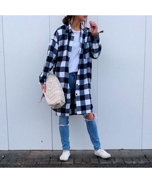 copine（コピン）の「再入荷★ビックシルエット/ロングチェックシャツ/ブラック【クリックポスト対象商品】（シャツ/ブラウス・レディース・その他）」の7枚目の写真