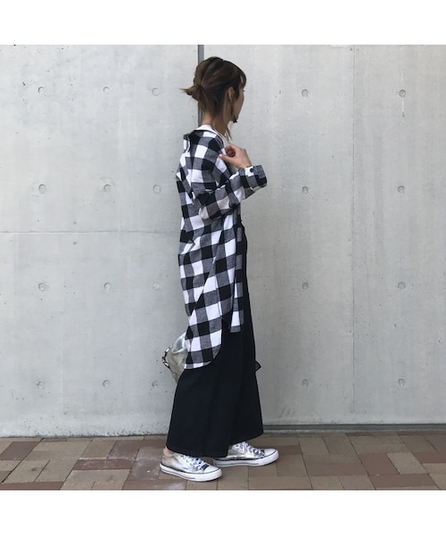 copine（コピン）の「再入荷★ビックシルエット/ロングチェックシャツ/ブラック【クリックポスト対象商品】（シャツ/ブラウス・レディース・その他）」の2枚目の写真