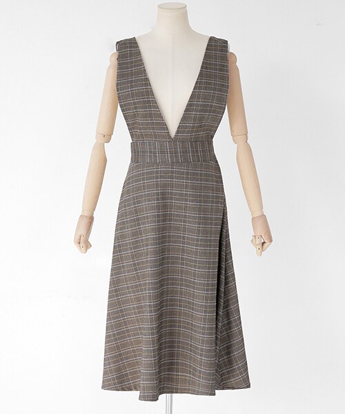 DHOLIC（ディーホリック）の「Vネックスリーブレスチェックワンピース（ワンピース・レディース・グレー/ブラウン・FREE）」の2枚目の写真