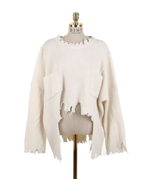 DINT（ディント）の「ダメージバックオープンウールニットトップ（ニット/セーター・レディース・화이트/블루/핑크・one(44~66size)）」の3枚目の写真