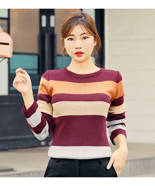 HOTPING(ホッピン)の「マルチカラーボーダーニット(ニット/セーター・レディース・ブラック/ワイン/ベージュ・1(XS-S)/2(M-L)/3(L-XL))」の3枚目の写真