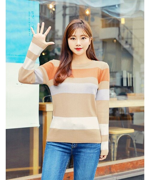 HOTPING(ホッピン)の「マルチカラーボーダーニット(ニット/セーター・レディース・ブラック/ワイン/ベージュ・1(XS-S)/2(M-L)/3(L-XL))」の2枚目の写真