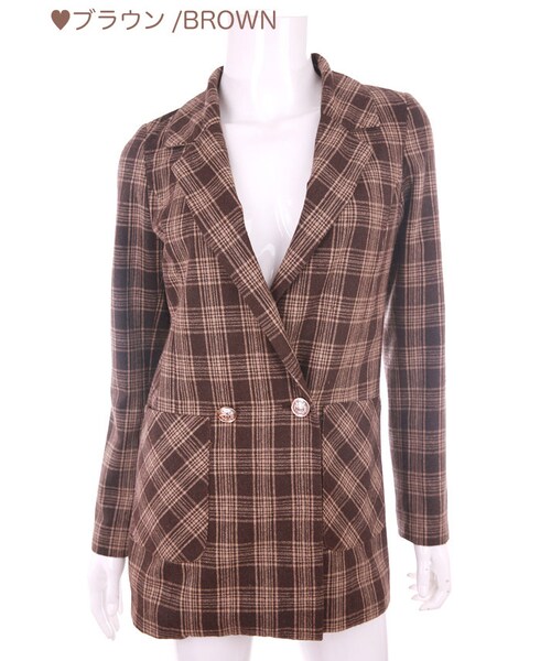 Bobon21（ボボンニジュウイチ）の「タータンチェックテーラードジャケット-全２色-（テーラードジャケット・レディース・グレー/ブラウン・S/M/L）」の2枚目の写真