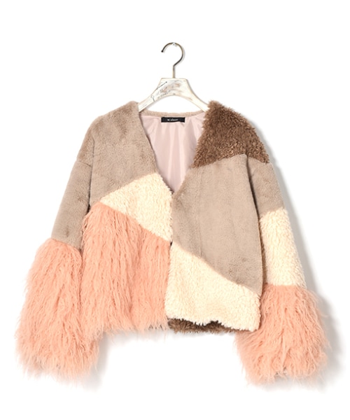 w closet（ダブルクローゼット）の「パッチワークボアブルゾン（ジャケット/アウター・レディース・オフホワイト×グレー/モカ×ピンク・FREE）」の2枚目の写真