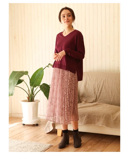 earth music&ecology（アースミュージックアンドエコロジー）の「ラッセルレースプリーツスカート（スカート・アイボリー/ブラック/ピンク・F）」の3枚目の写真