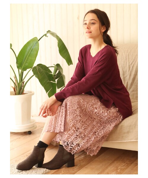 earth music&ecology（アースミュージックアンドエコロジー）の「ラッセルレースプリーツスカート（スカート・アイボリー/ブラック/ピンク・F）」の4枚目の写真