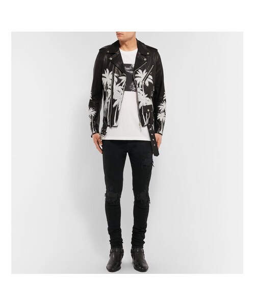 AMIRI（アミリ）の「AMIRI Mx1 Skinny-Fit Leather-Trimmed Distressed Stretch-Denim Jeans（デニムパンツ・メンズ・Black・36）」の3枚目の写真