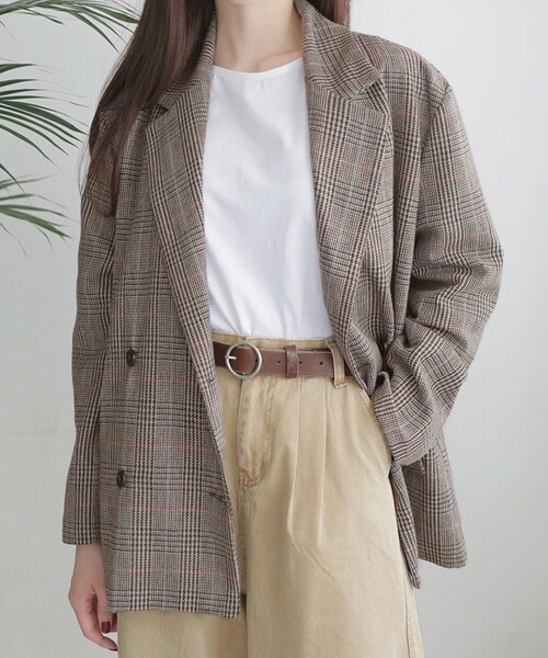 DHOLIC（ディーホリック）の「ミドル丈チェックダブルボタンジャケット（その他アウター・レディース・グリーン/グレー/ブラウン・FREE）」の3枚目の写真