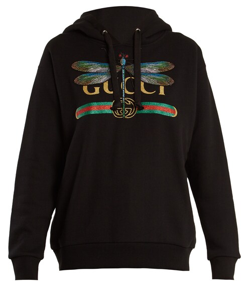 GUCCI Dragonfly and logo-print cotton hooded sweatshirt