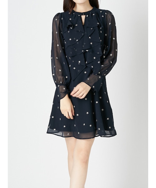 マーキュリーデュオスカラップ刺繍ドットブラウジングワンピースブラックホワイト黒白 残りわずか】オヨメ 背開き刺繍ワンピース(FREE ブラック