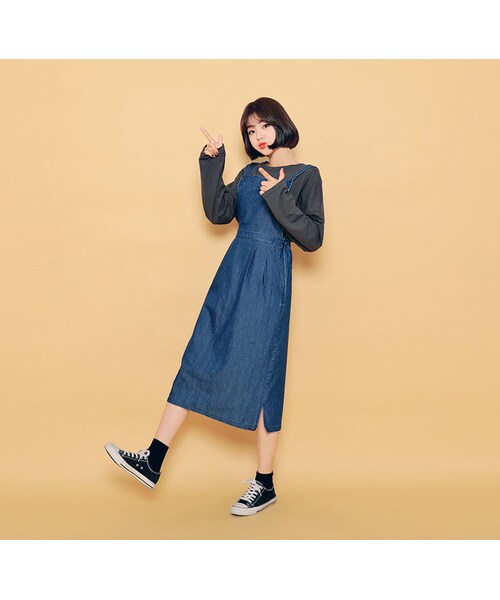HOTPING(ホッピン)の「バックゴムデニムサロペットロングスカート(ワンピース・レディース・デニム・1(XS-S)/2(M-L)/3(L-XL))」の1枚目の写真