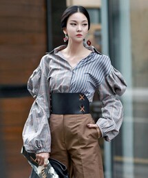 DINT | ミキサーチェック捺染パフブラウス(スカート)