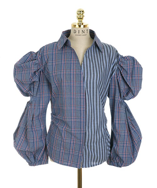 DINT（ディント）の「ミキサーチェック捺染パフブラウス（スカート・レディース・Beige/Blue・one(44~66size)）」の3枚目の写真