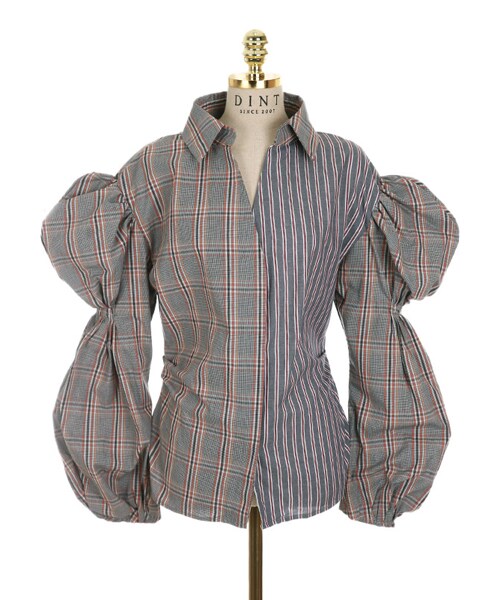 DINT（ディント）の「ミキサーチェック捺染パフブラウス（スカート・レディース・Beige/Blue・one(44~66size)）」の2枚目の写真